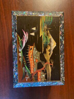 Vintage black music jewelry box with mother of pearl pagoda scene - Asian music